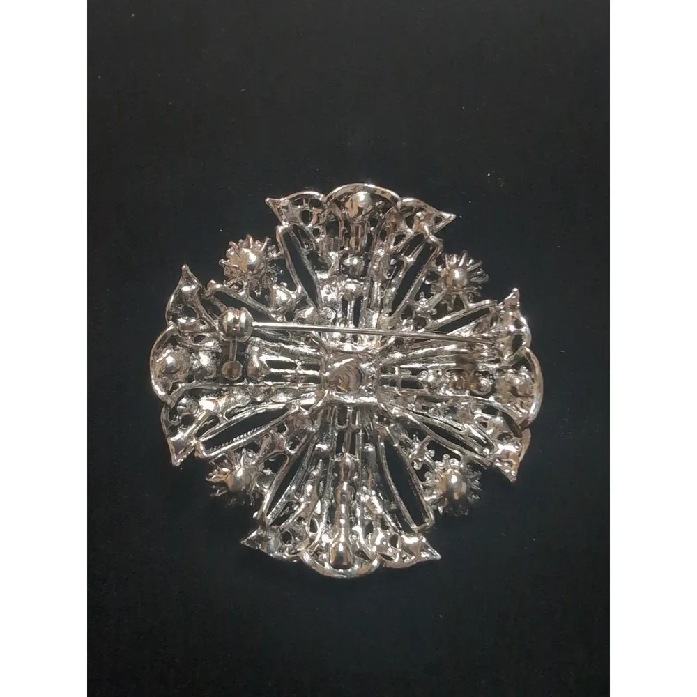 Maltese Cross Brooch Green Rhinestone